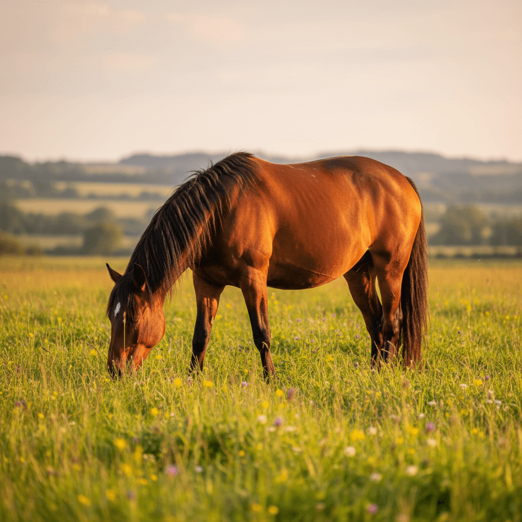 Healthy horse grazing in natural paddock