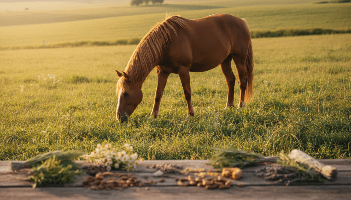 Chestnut horse grazing in golden hour sunlight with dried herbs and botanicals in the foreground